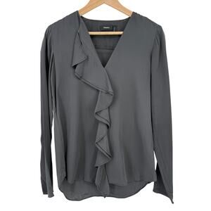 Theory Jastrib Modern Silk Blouse Womens Size P 0 Gray Ruffle Long Sleeve